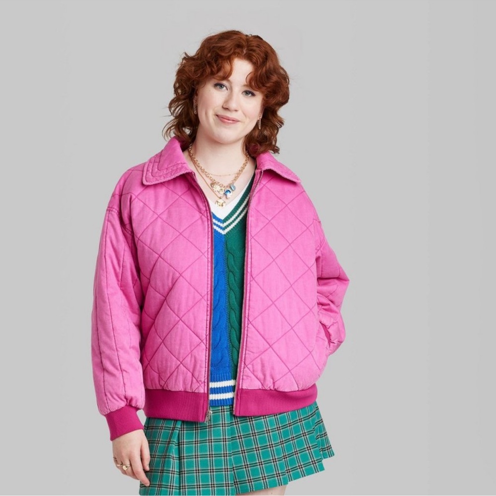 Women’s Woven quilted bomber jacket color vibrant pink NWT - Picture 2 of 11